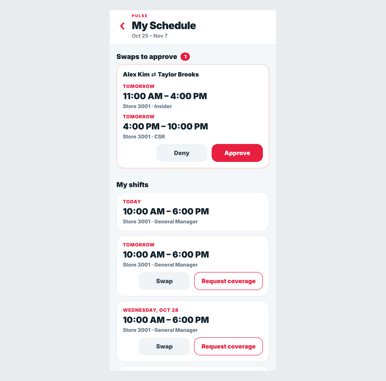 GM schedule view with a swap waiting for approval