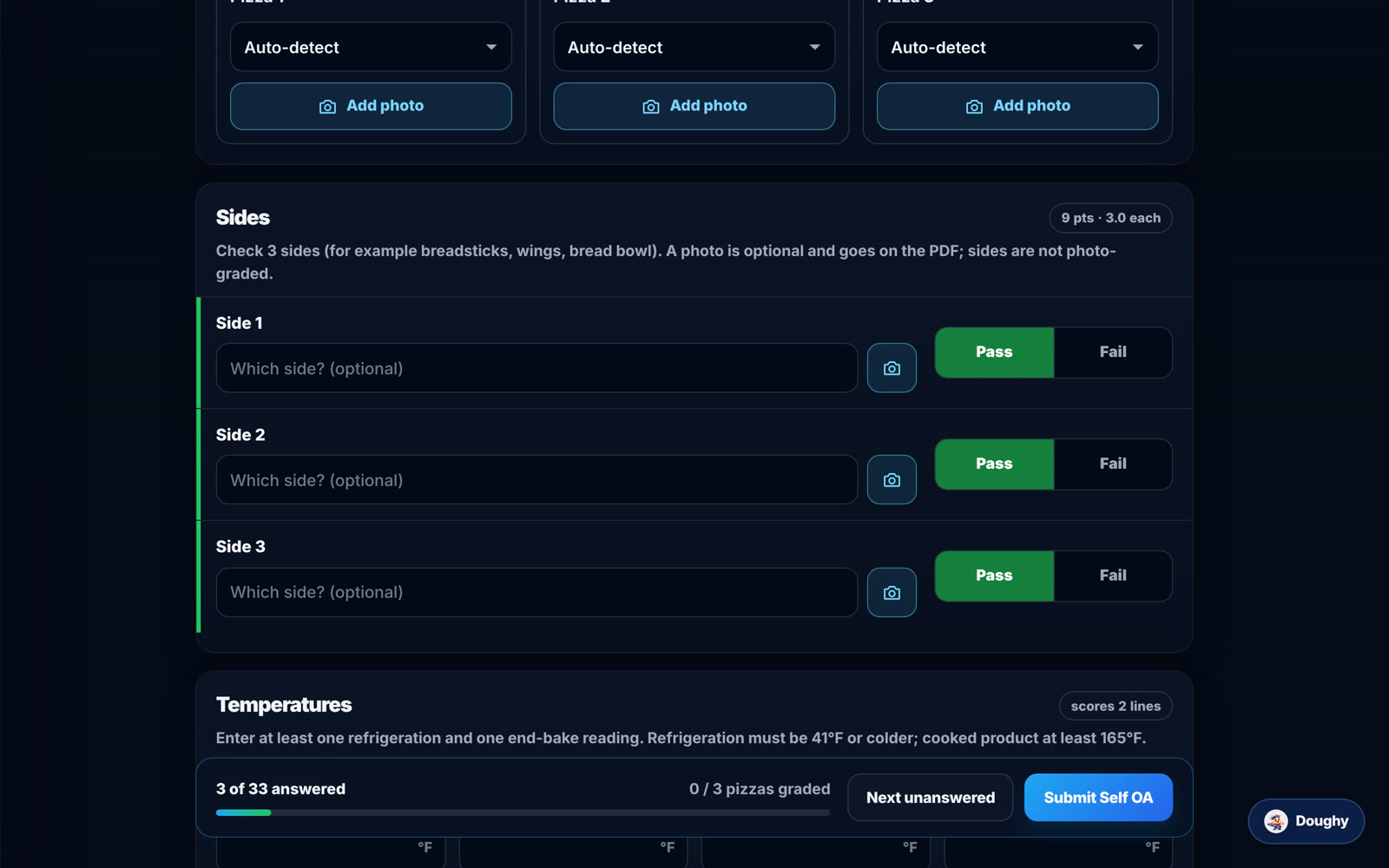 Self OA critical items with Pass and Fail