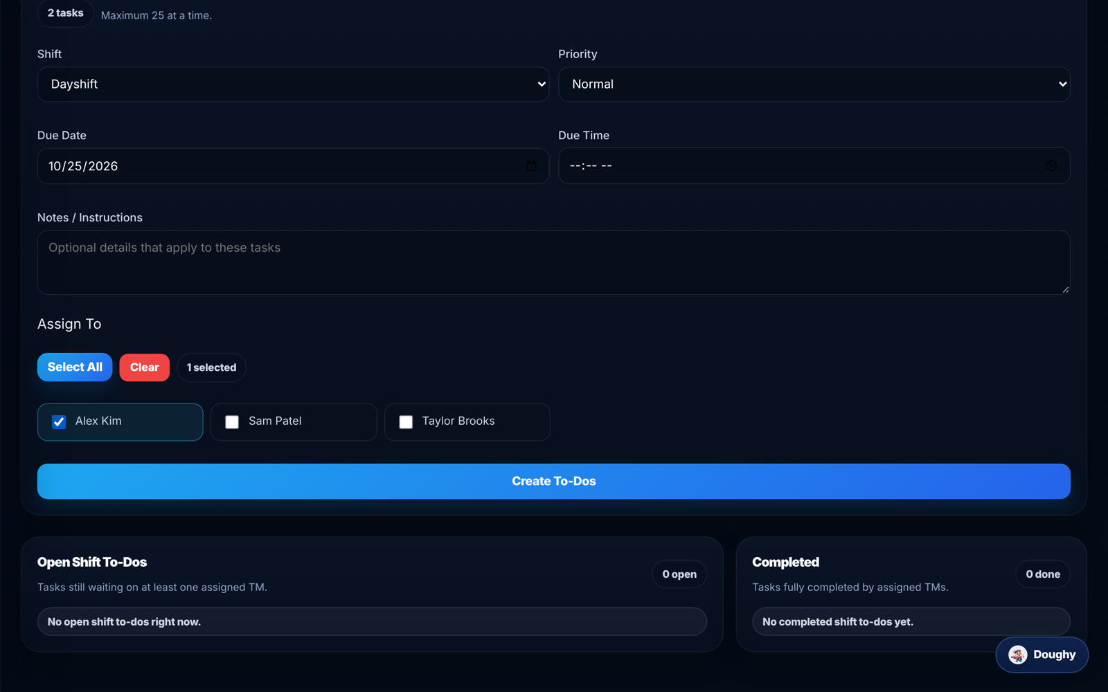 Creating shift to-dos for a team member