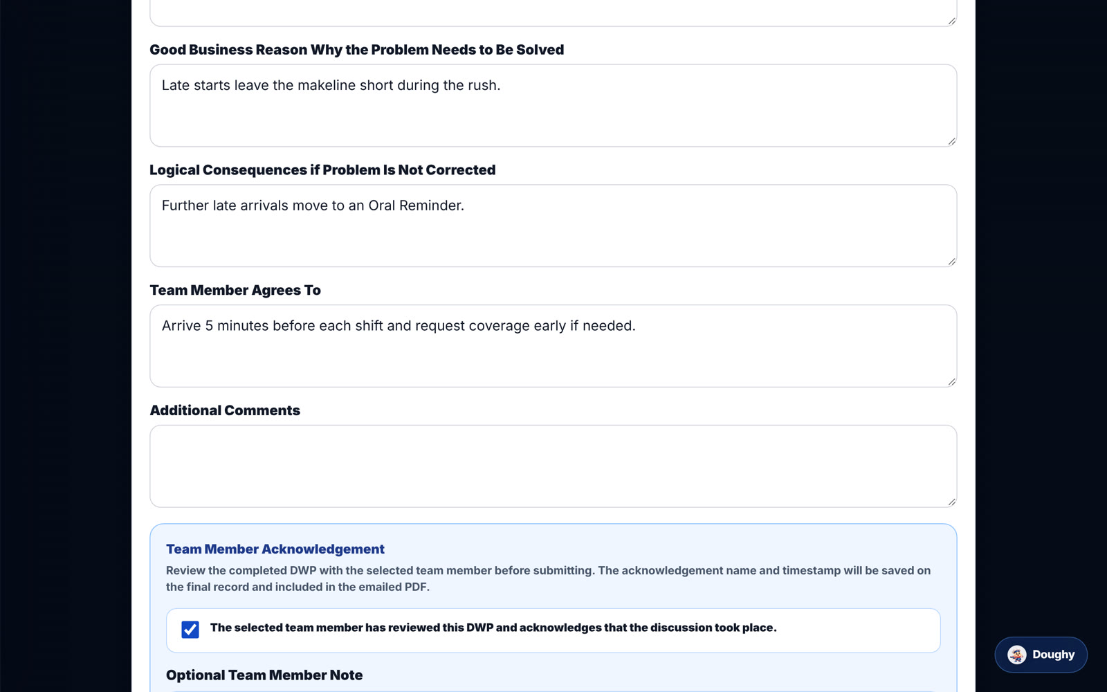 DWP record with the Team Member Acknowledgement box ticked