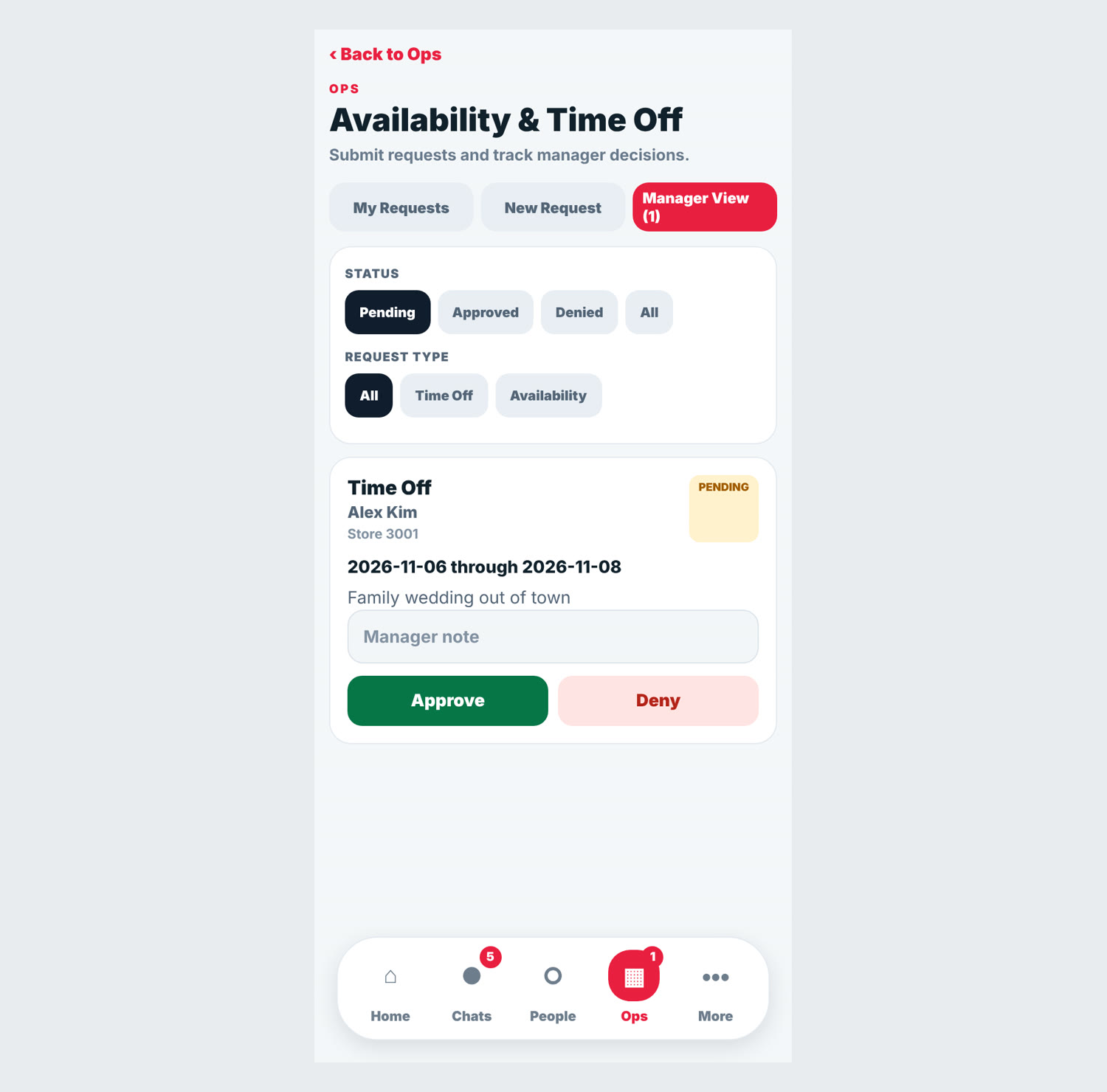 Manager View of time-off requests in Connect