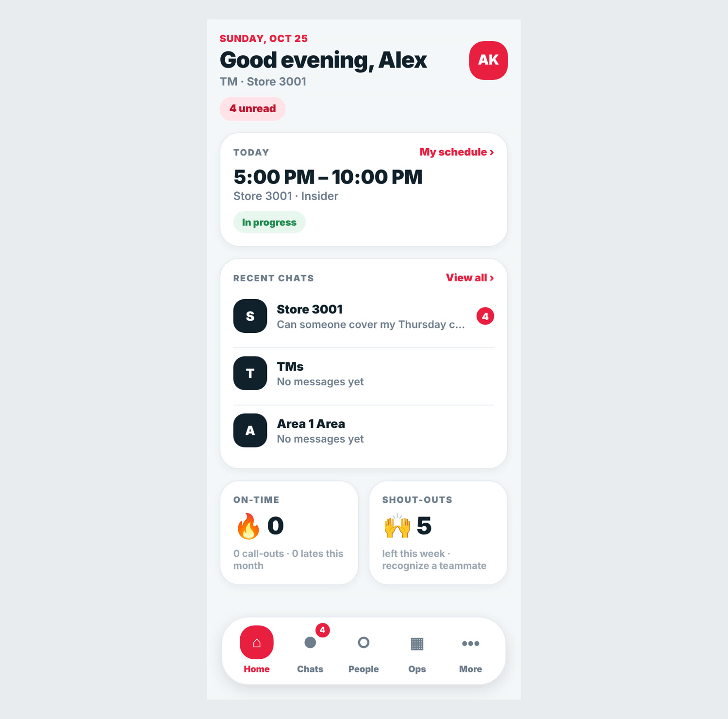 Connect Home screen for a team member