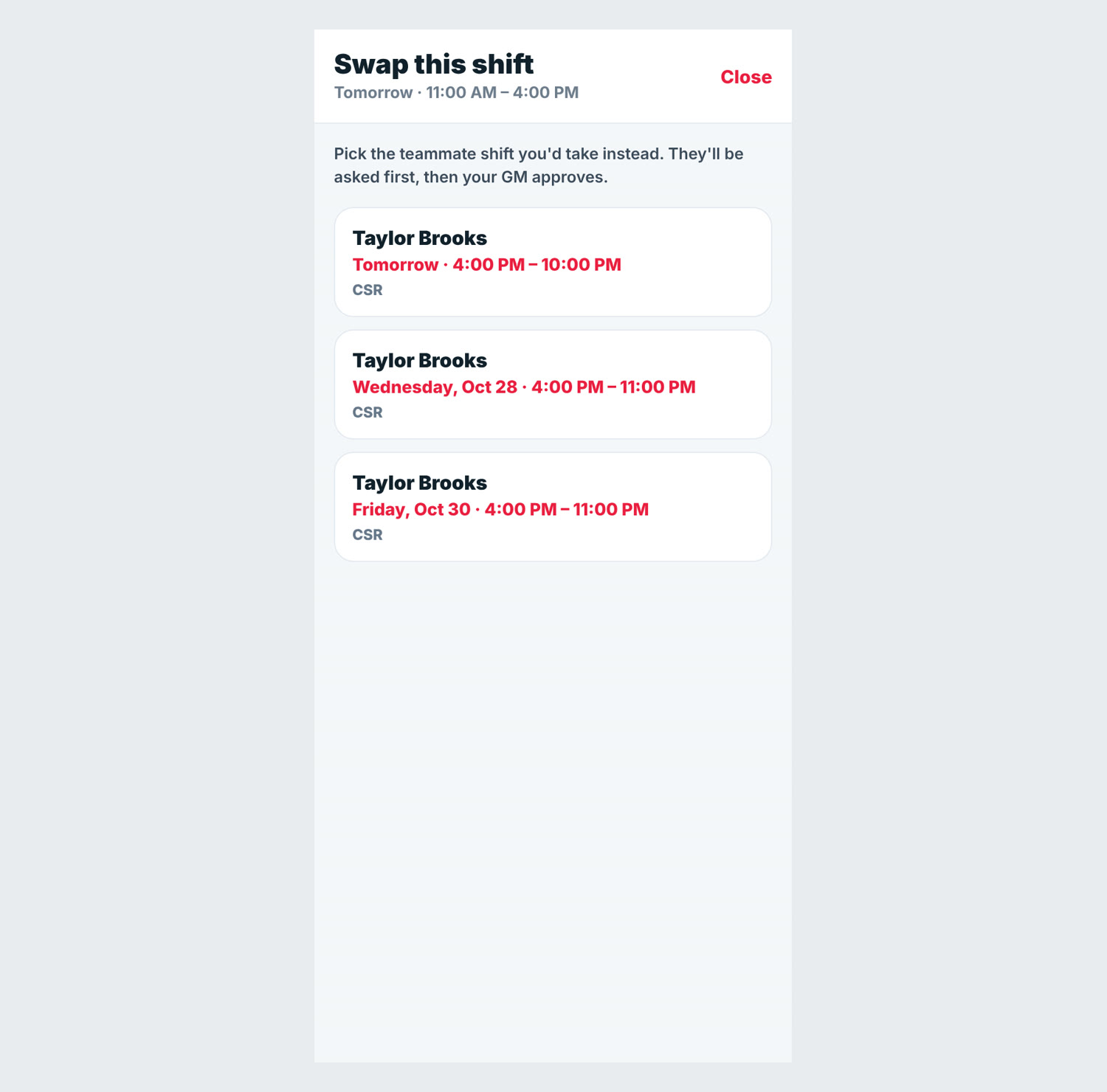Swap this shift: pick the teammate shift you would take instead