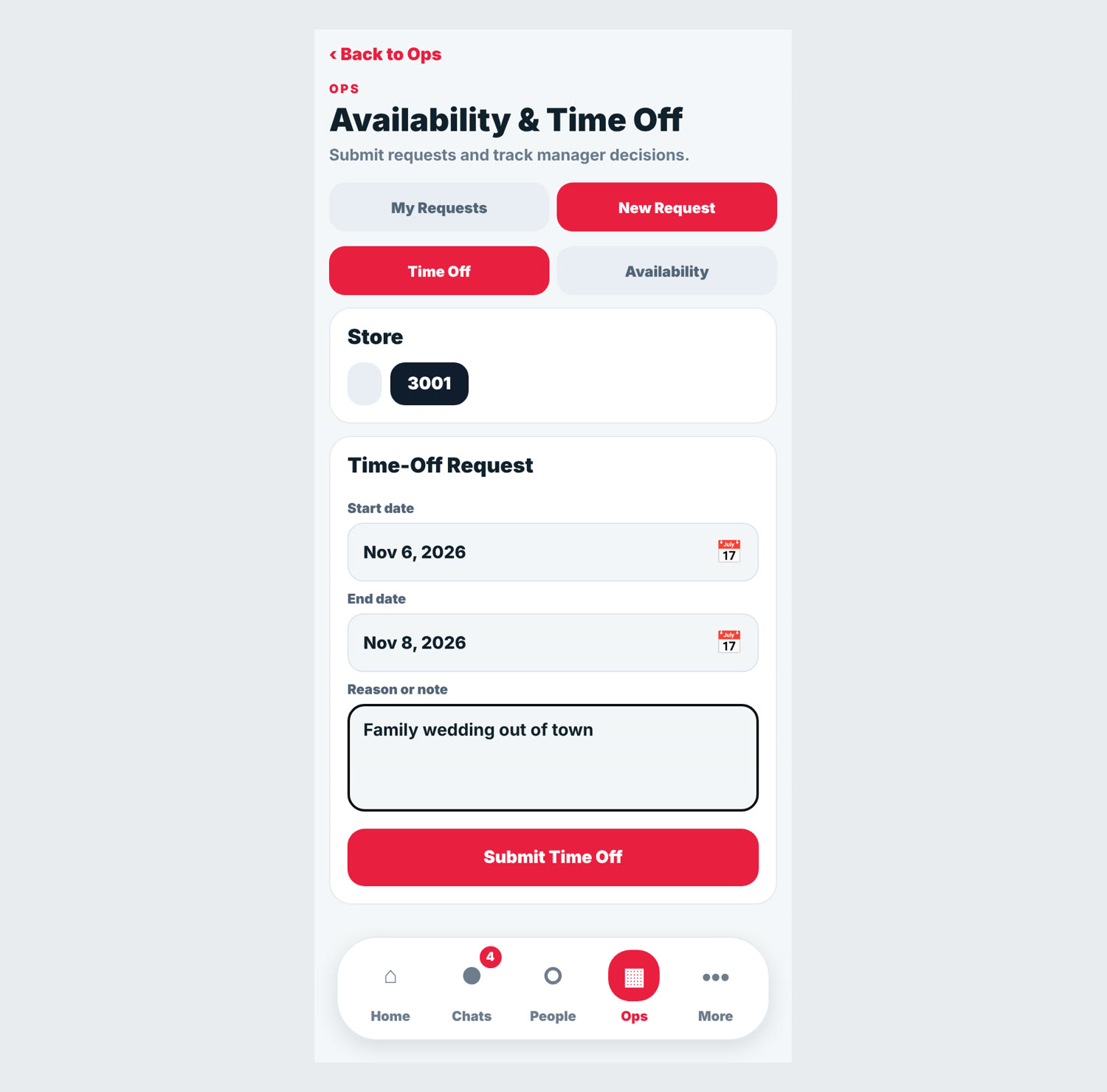 New time-off request with store, dates and reason filled in