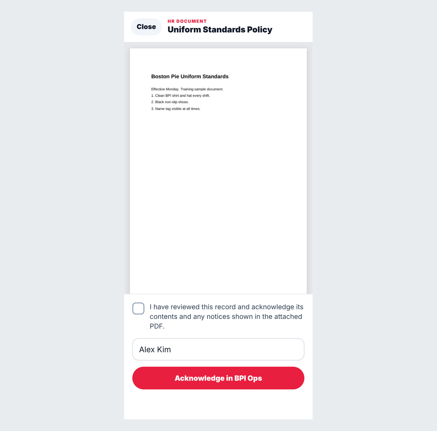 An HR document ready to acknowledge
